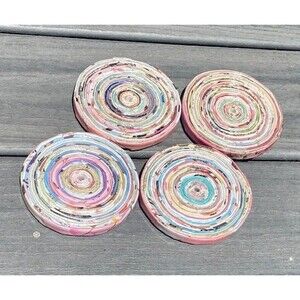 Recycled Magazine 4" Round Coasters Pink Set 4 Handmade Indie New Eco Friendly